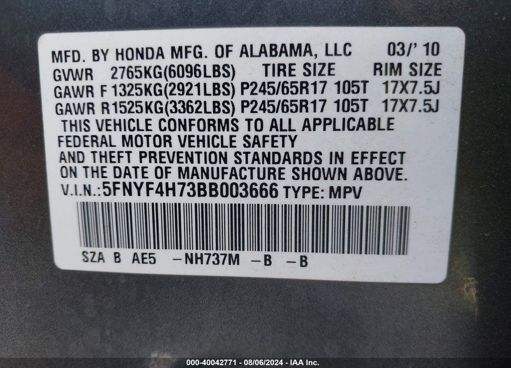 2011 HONDA PILOT EX-L VIN: 5FNYF4H73BB003666