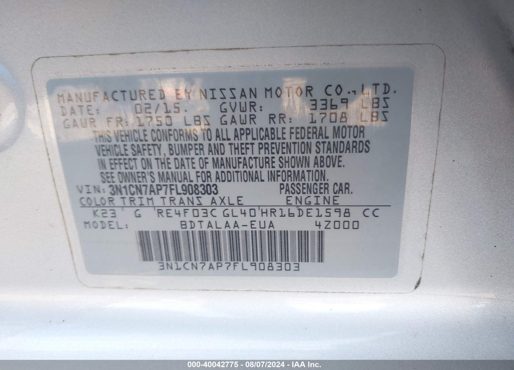 2015 NISSAN VERSA 1.6 S+ VIN: 3N1CN7AP7FL908303