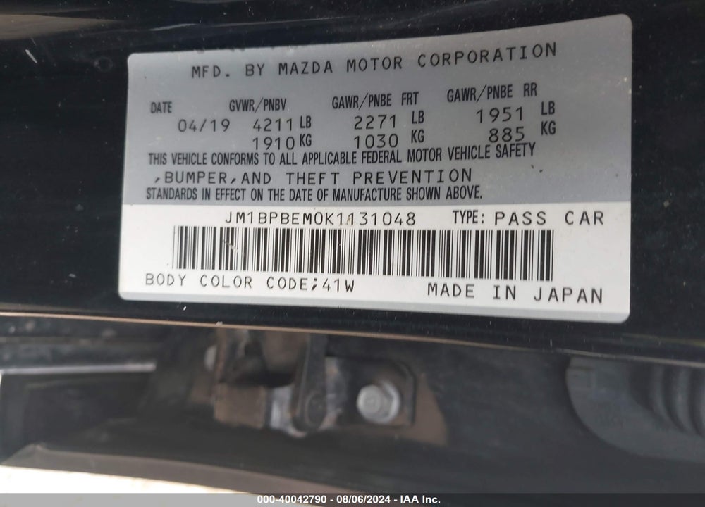 2019 MAZDA 3 PREMIUM PACKAGE VIN: JM1BPBEM0K1131048