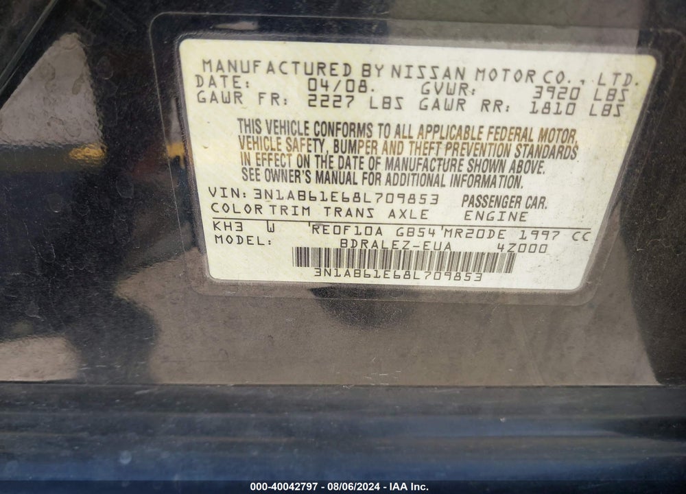 2008 NISSAN SENTRA 2.0S VIN: 3N1AB61E68L709853