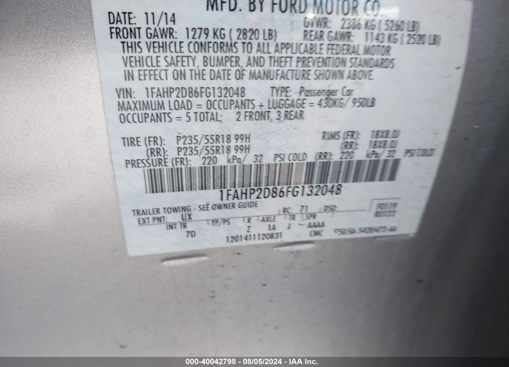 2015 FORD TAURUS SE VIN: 1FAHP2D86FG132048