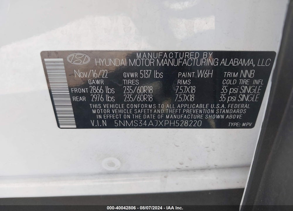 2023 HYUNDAI SANTA FE SEL VIN: 5NMS34AJXPH528220