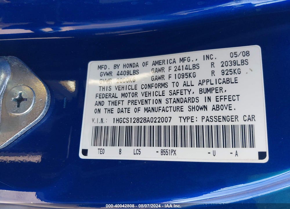 2008 HONDA ACCORD 2.4 EX-L VIN: 1HGCS12828A022007