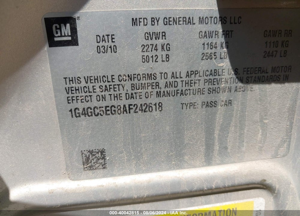 2010 BUICK LACROSSE CXL VIN: 1G4GC5EG8AF242618