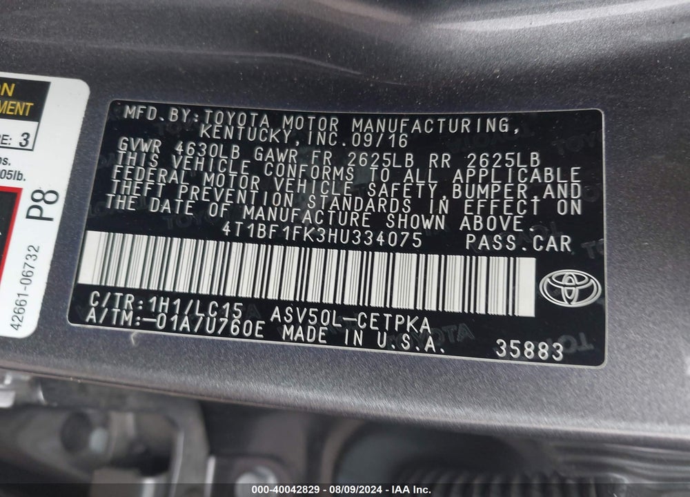 2017 TOYOTA CAMRY XSE VIN: 4T1BF1FK3HU334075
