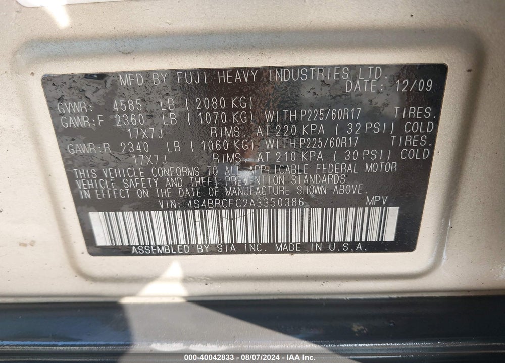 2010 SUBARU OUTBACK 2.5I PREMIUM VIN: 4S4BRCFC2A3350386