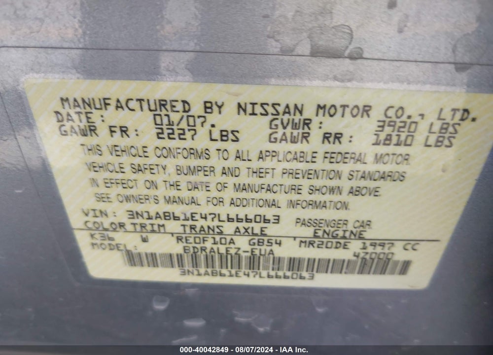 2007 NISSAN SENTRA VIN: 3N1AB61E47L666063