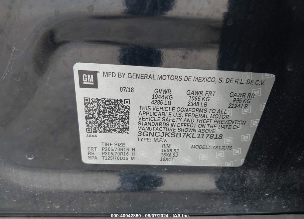 2019 CHEVROLET TRAX LS VIN: 3GNCJKSB7KL117818