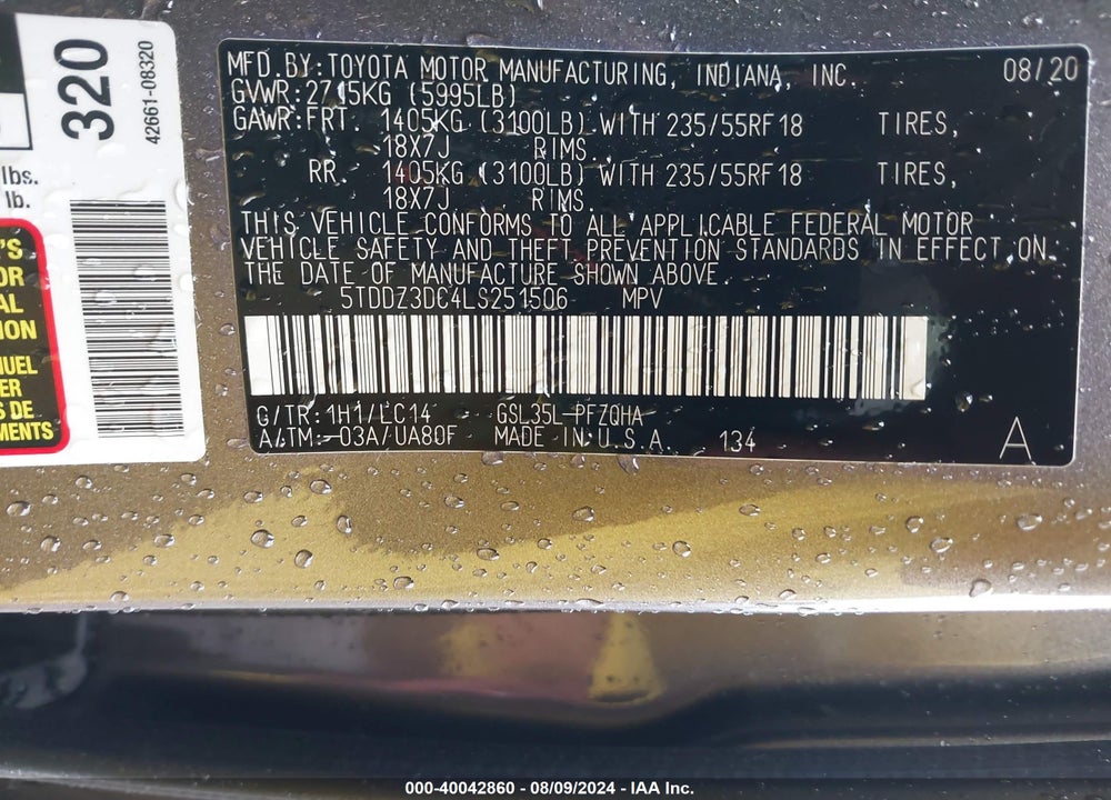 2020 TOYOTA SIENNA XLE VIN: 5TDDZ3DC4LS251506