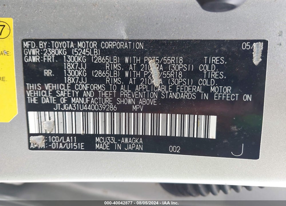 2004 LEXUS RX 330 VIN: JTJGA31U440039286