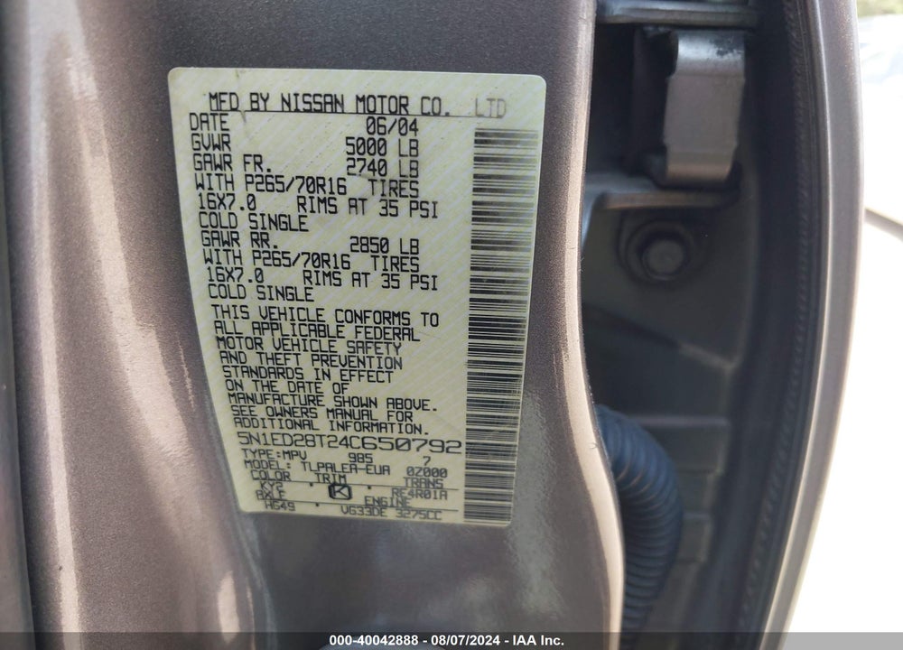 2004 NISSAN XTERRA XE VIN: 5N1ED28T24C650792