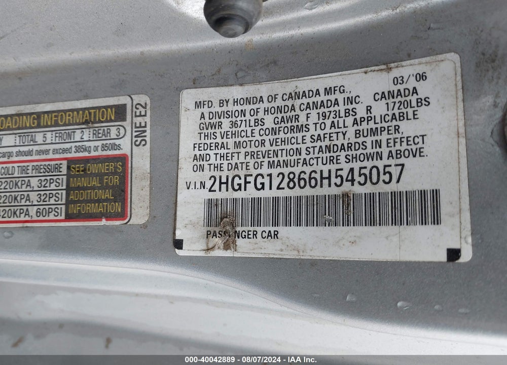 2006 HONDA CIVIC EX VIN: 2HGFG12866H545057