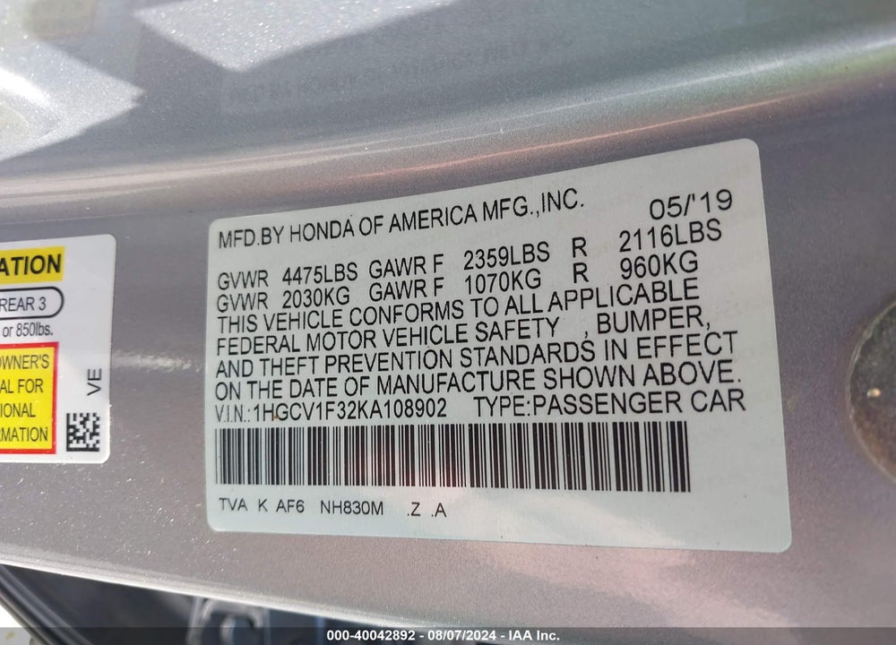 2019 HONDA ACCORD SPORT VIN: 1HGCV1F32KA108902