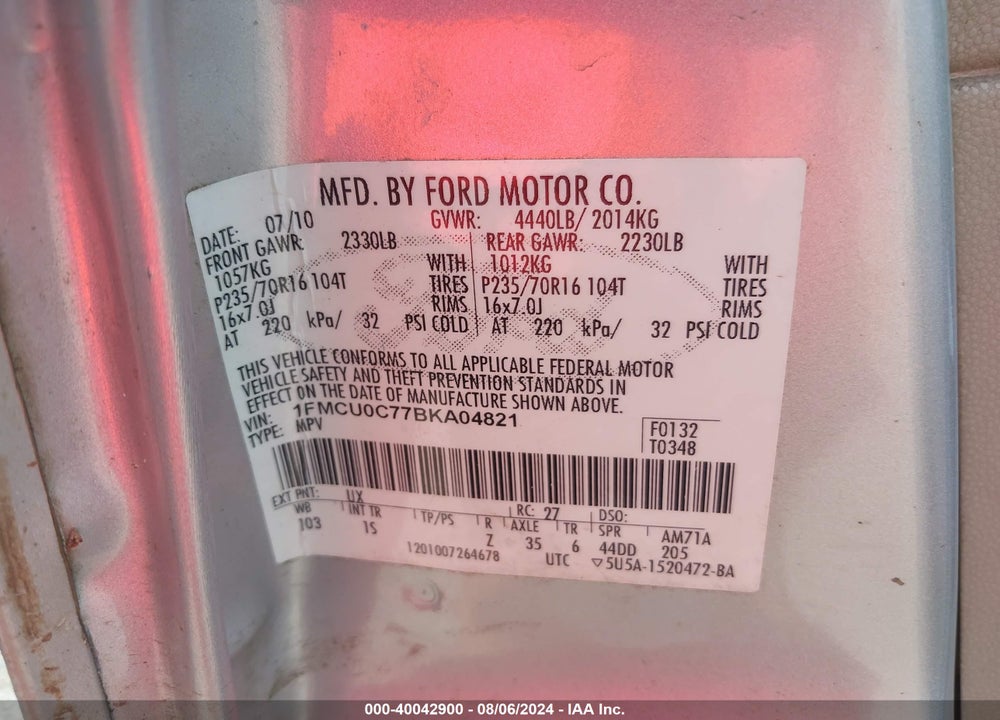 2011 FORD ESCAPE XLS VIN: 1FMCU0C77BKA04821