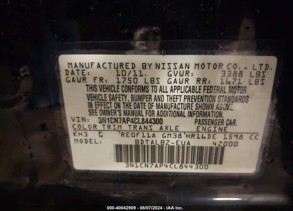 2012 NISSAN VERSA 1.6 SV VIN: 3N1CN7AP4CL844300