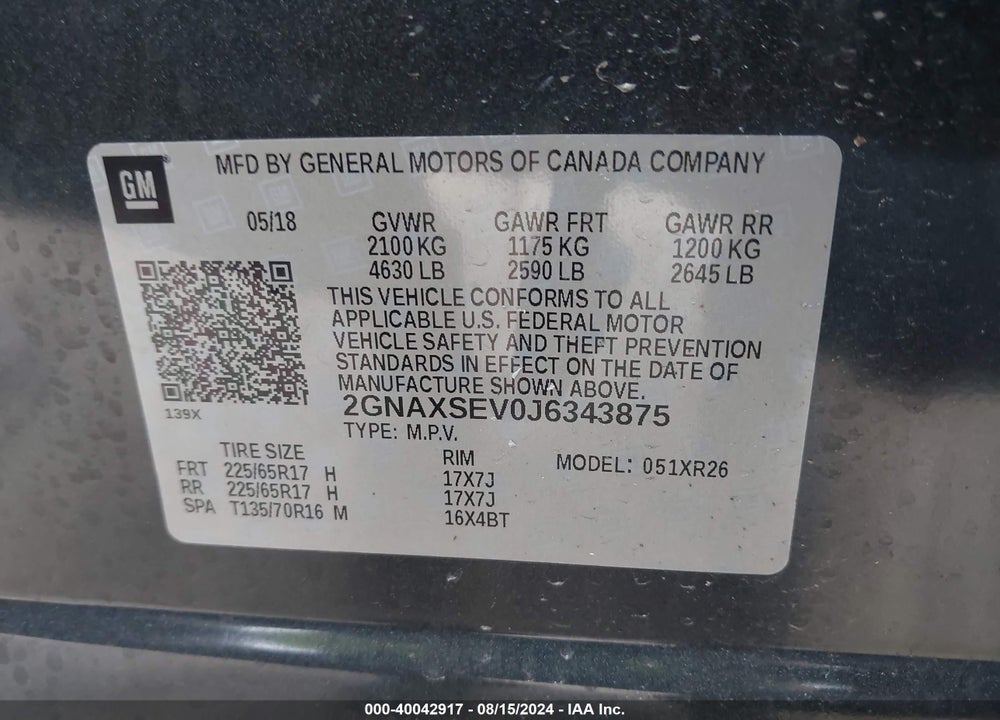 2018 CHEVROLET EQUINOX LT VIN: 2GNAXSEV0J6343875