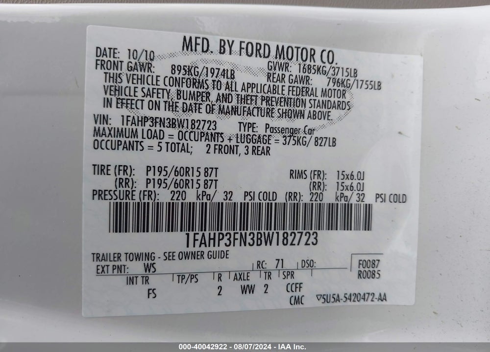 2011 FORD FOCUS SE VIN: 1FAHP3FN3BW182723