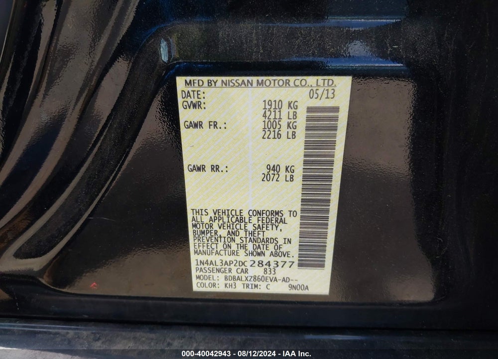 2013 NISSAN ALTIMA 2.5 SL VIN: 1N4AL3AP2DC284377