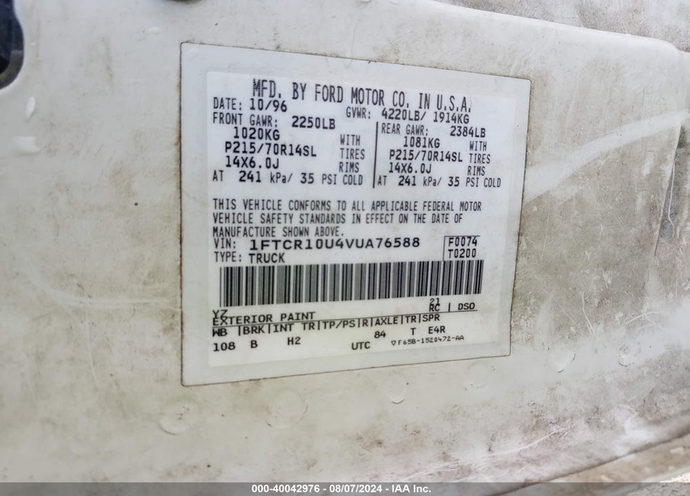 1997 FORD RANGER SPLASH/XL/XLT VIN: 1FTCR10U4VUA76588