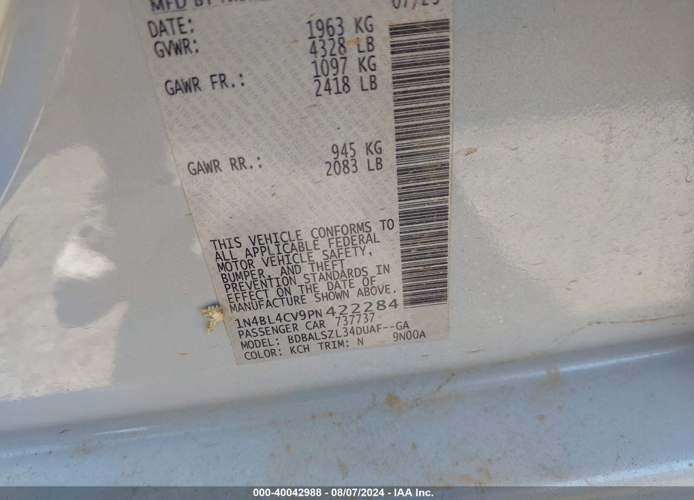 2023 NISSAN ALTIMA SR FWD VIN: 1N4BL4CV9PN422284