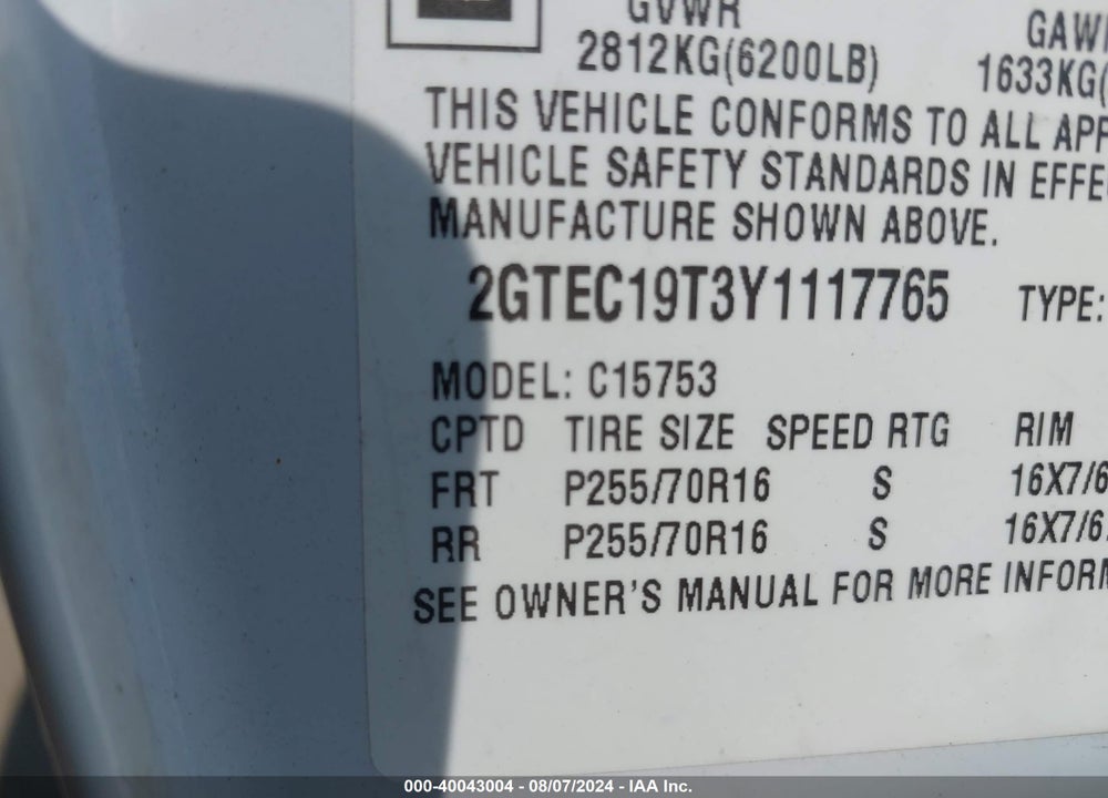 2000 GMC SIERRA 1500 SL VIN: 2GTEC19T3Y1117765