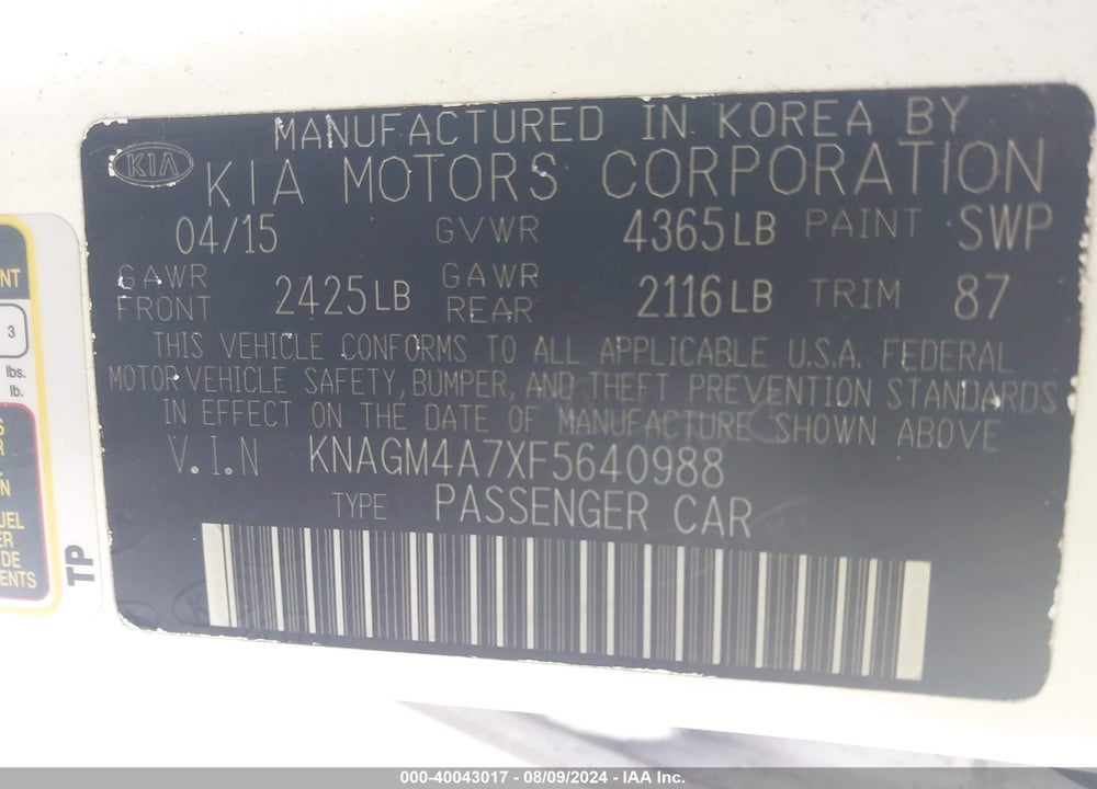 2015 KIA OPTIMA LX VIN: KNAGM4A7XF5640988