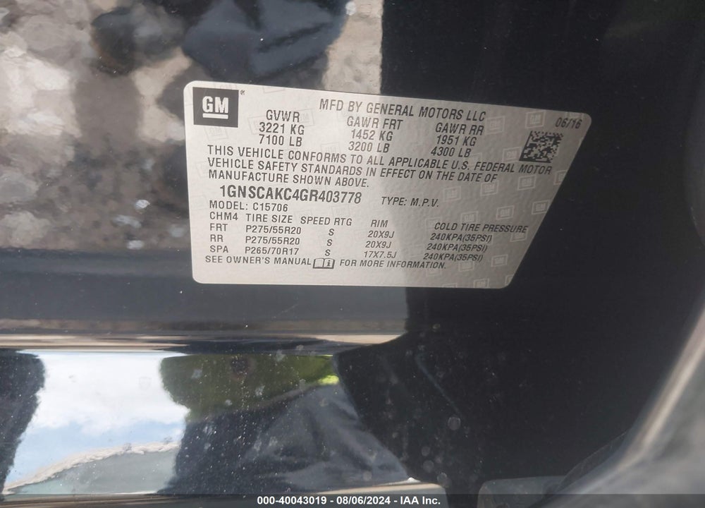 2016 CHEVROLET TAHOE LS VIN: 1GNSCAKC4GR403778