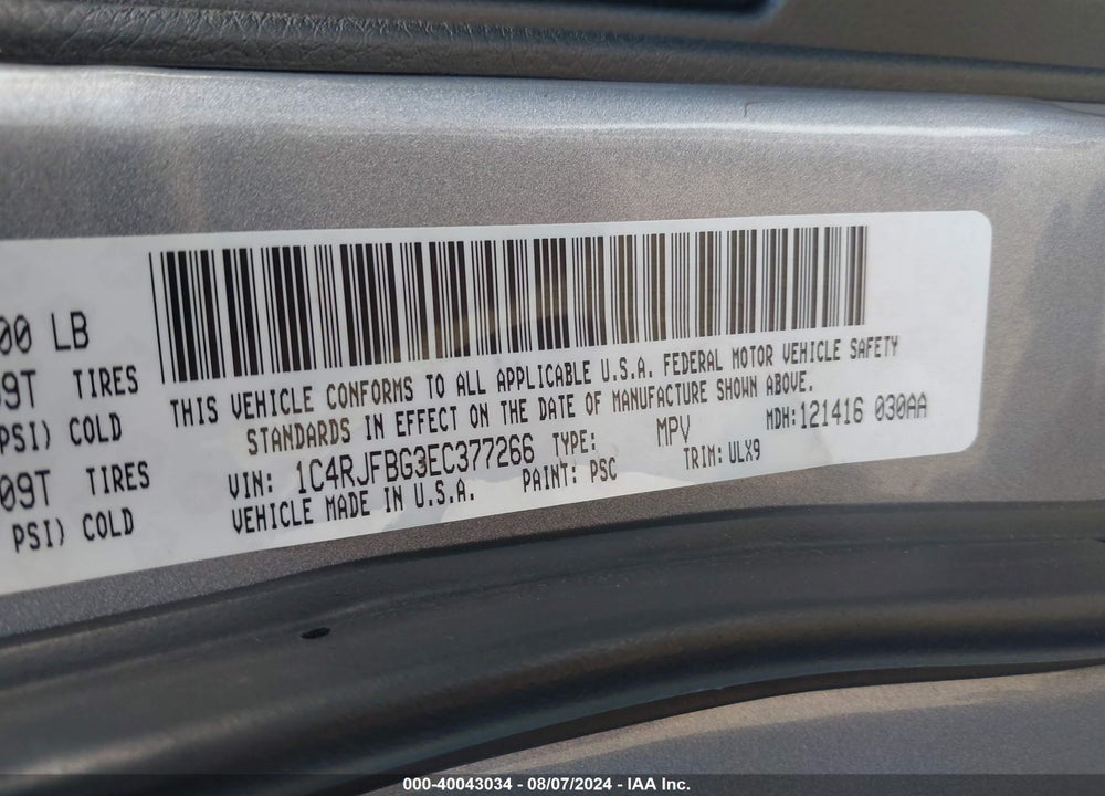 2014 JEEP GRAND CHEROKEE VIN: 1C4RJFBG3EC377266