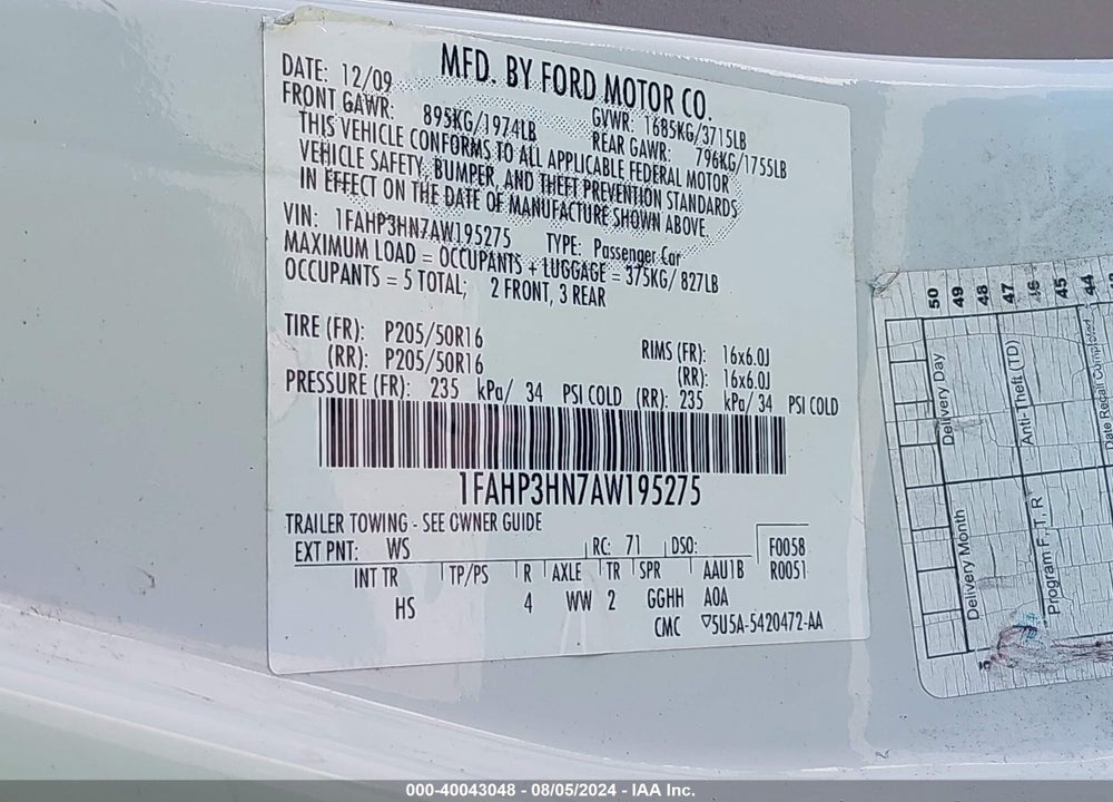 2010 FORD FOCUS SEL VIN: 1FAHP3HN7AW195275
