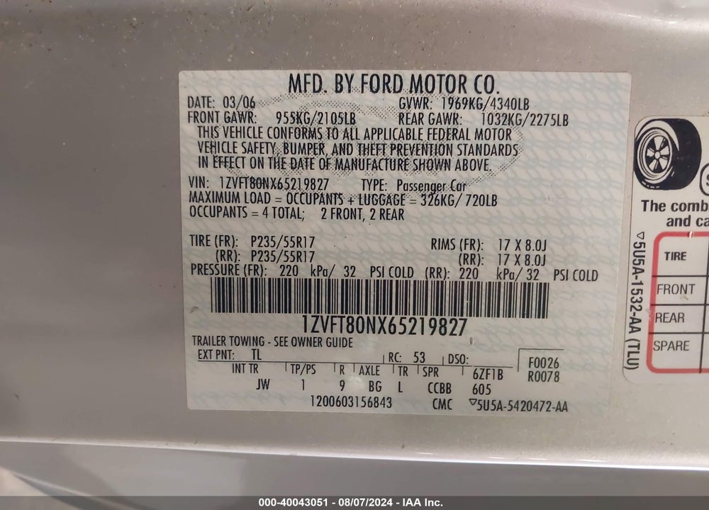 2006 FORD MUSTANG V6 VIN: 1ZVFT80NX65219827