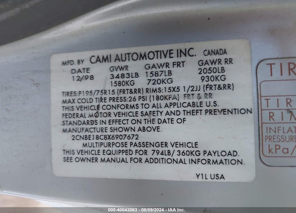 1999 CHEVROLET TRACKER VIN: 2CNBE18C8X6907672