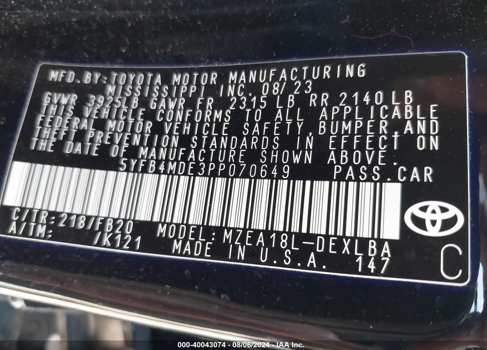 2023 TOYOTA COROLLA VIN: 5YFB4MDE3PP070649