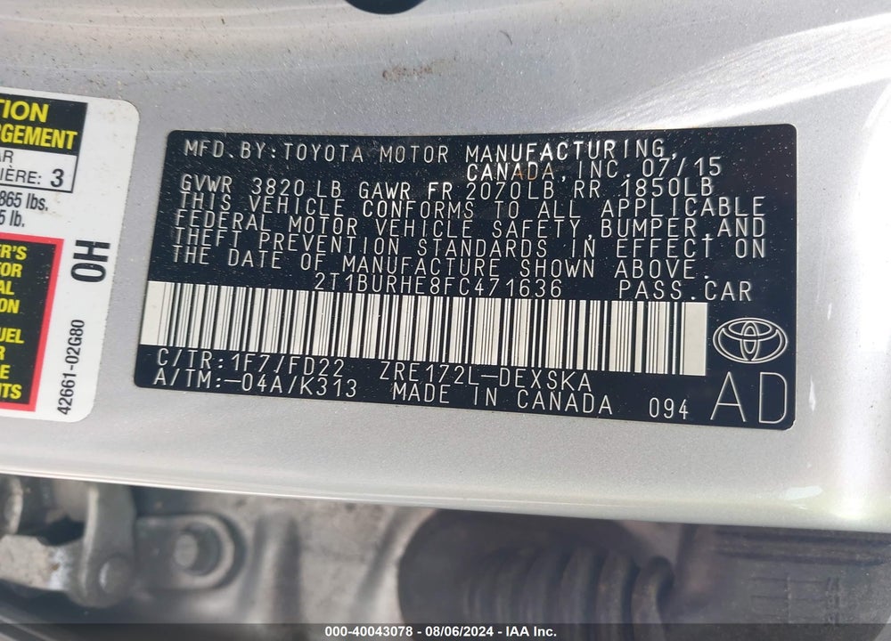 2015 TOYOTA COROLLA S PLUS VIN: 2T1BURHE8FC471636