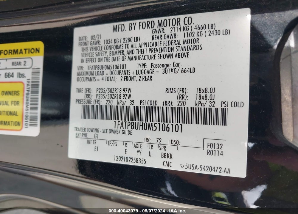 2021 FORD MUSTANG VIN: 1FATP8UH0M5106101