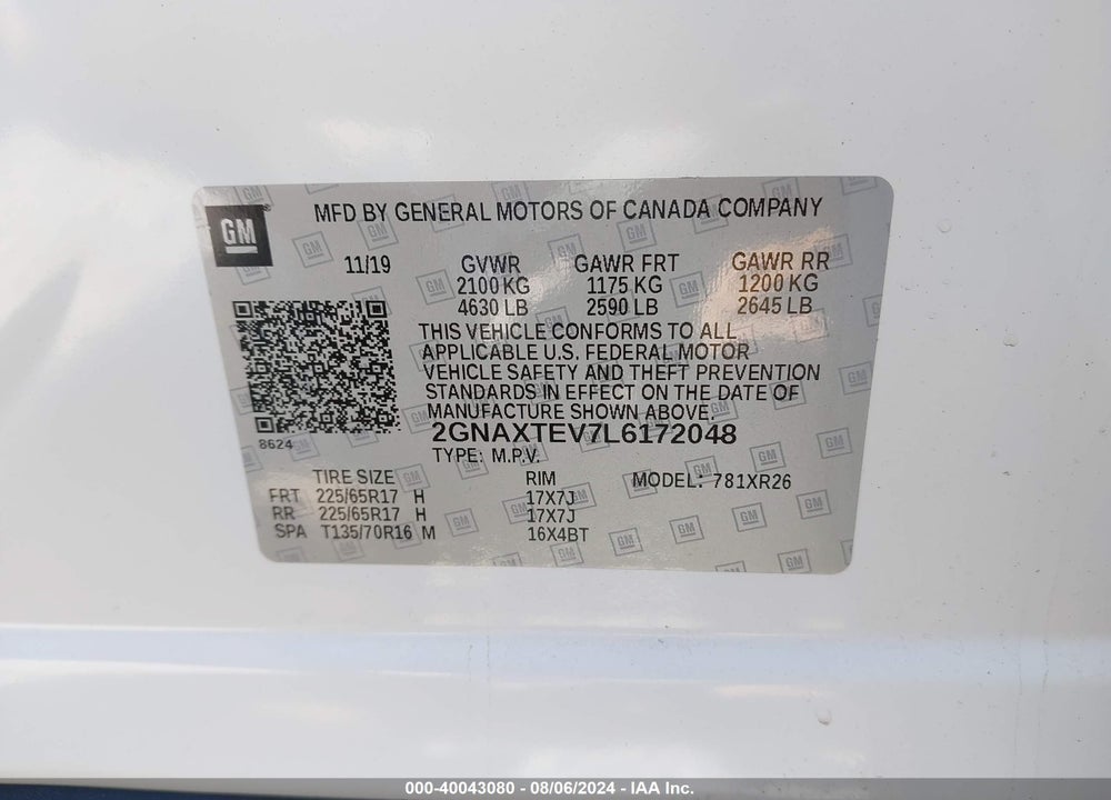 2020 CHEVROLET EQUINOX AWD 2FL VIN: 2GNAXTEV7L6172048