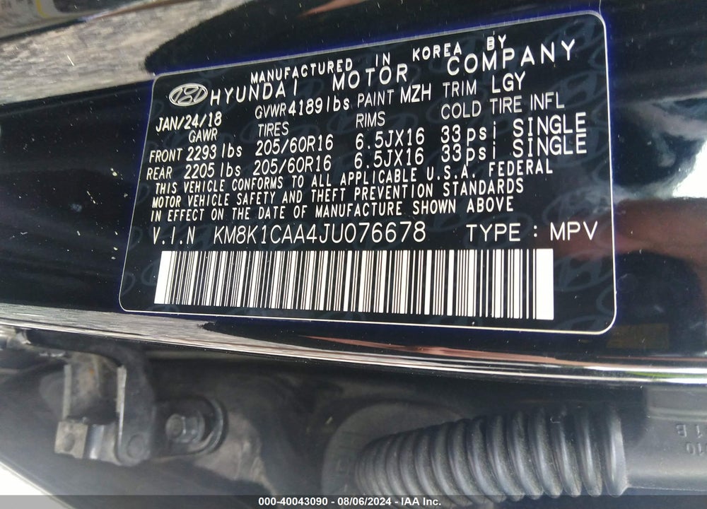 2018 HYUNDAI KONA SE VIN: KM8K1CAA4JU076678