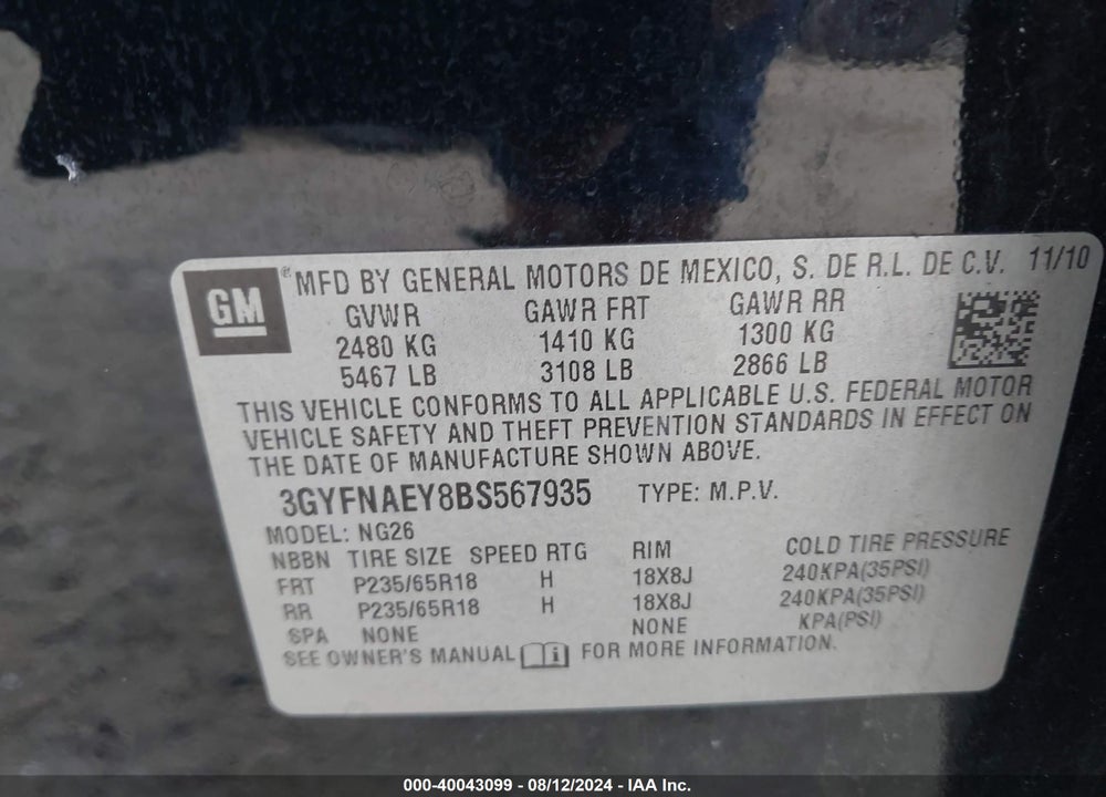 2011 CADILLAC SRX LUXURY COLLECTION VIN: 3GYFNAEY8BS567935