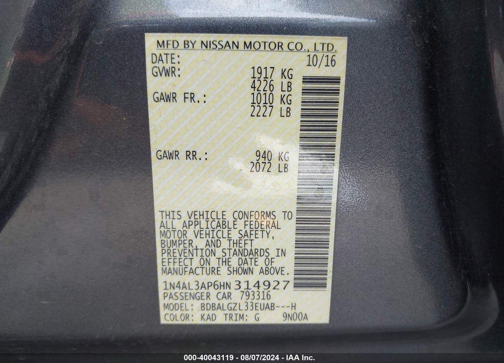 2017 NISSAN ALTIMA 2.5 S VIN: 1N4AL3AP6HN314927
