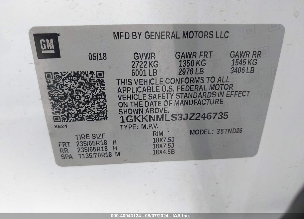 2018 GMC ACADIA SLT-1 VIN: 1GKKNMLS3JZ246735