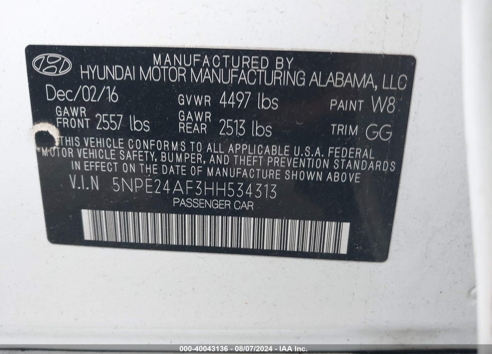 2017 HYUNDAI SONATA VIN: 5NPE24AF3HH534313