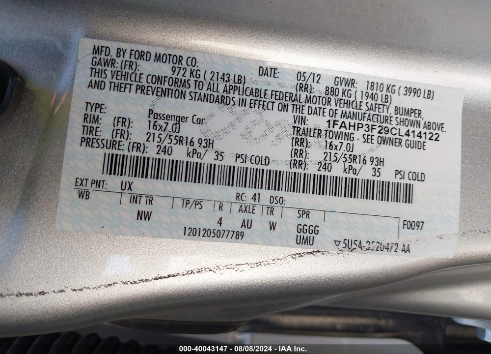 2012 FORD FOCUS SE VIN: 1FAHP3F29CL414122