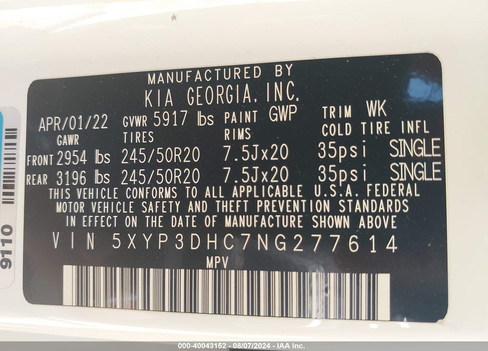2022 KIA TELLURIDE EX VIN: 5XYP3DHC7NG277614