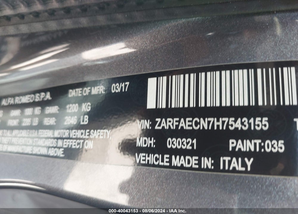 2017 ALFA ROMEO GIULIA TI RWD VIN: ZARFAECN7H7543155