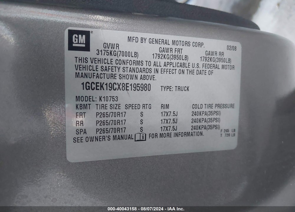 2008 CHEVROLET SILVERADO 1500 LT1 VIN: 1GCEK19CX8E195980