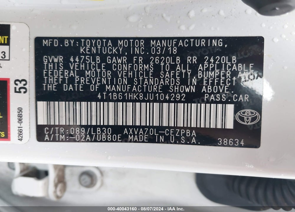 2018 TOYOTA CAMRY XSE VIN: 4T1B61HK8JU104292