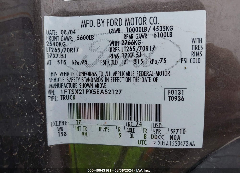 2005 FORD F-250 LARIAT/XL/XLT VIN: 1FTSX21PX5EA52127