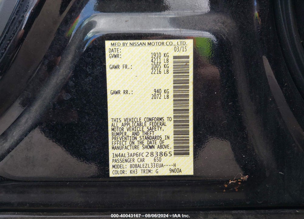 2015 NISSAN ALTIMA 2.5 S VIN: 1N4AL3AP6FC283865