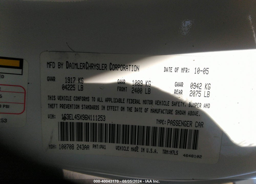 2006 CHRYSLER SEBRING VIN: 1C3EL45X96N111253