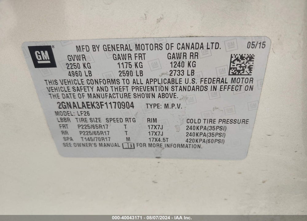 2015 CHEVROLET EQUINOX LS VIN: 2GNALAEK3F1170904