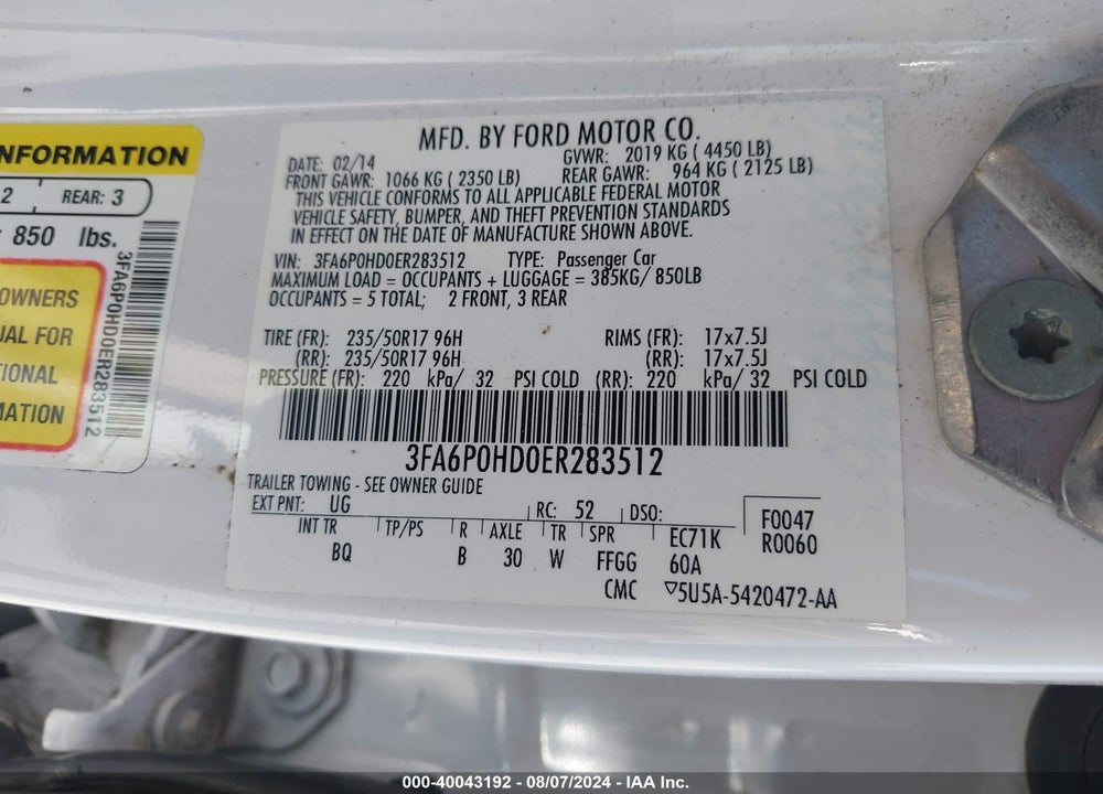 2014 FORD FUSION SE VIN: 3FA6P0HD0ER283512
